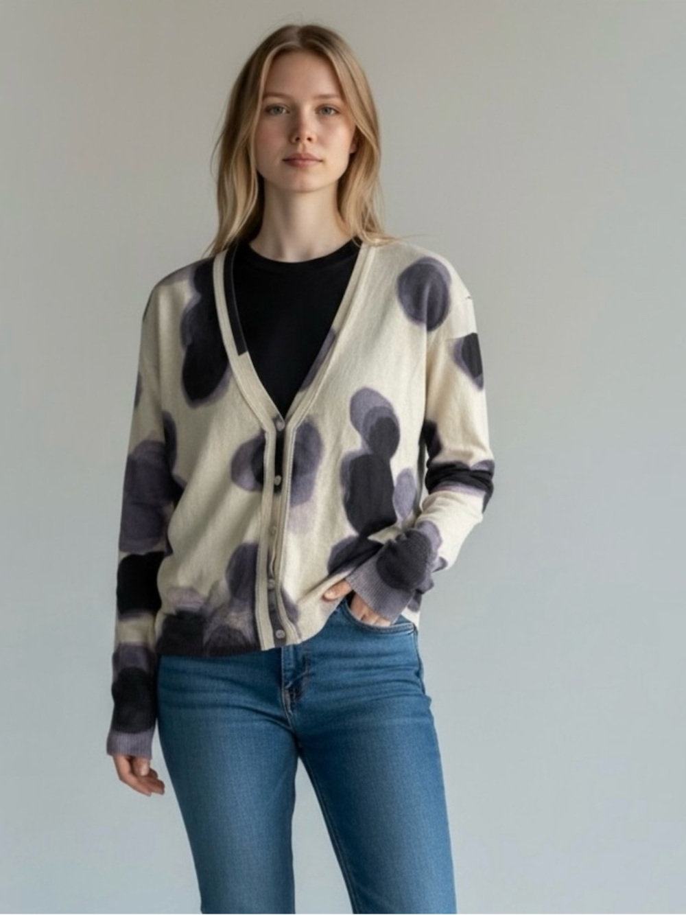 Simply Vera Vera Wang 100% Cotton Abstract Watercolor Cardigan Sweater Size PM